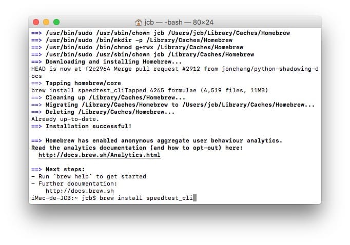 Tester son debit Internet sur mac brew install speedtest_cli