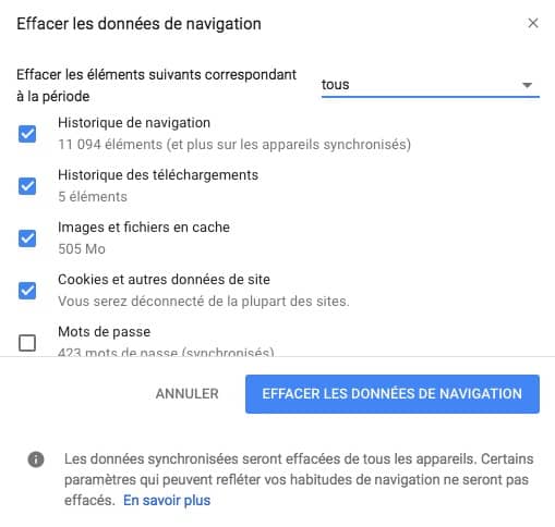 Accelerer Google Chrome Mac effacer donnees de navigation