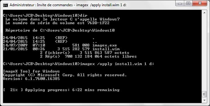 Installer Windows 10 sur une cle usb applying progress
