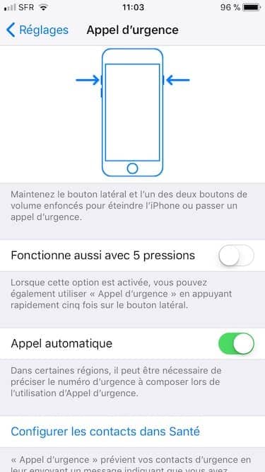 iPhone appel durgence 5 pressions