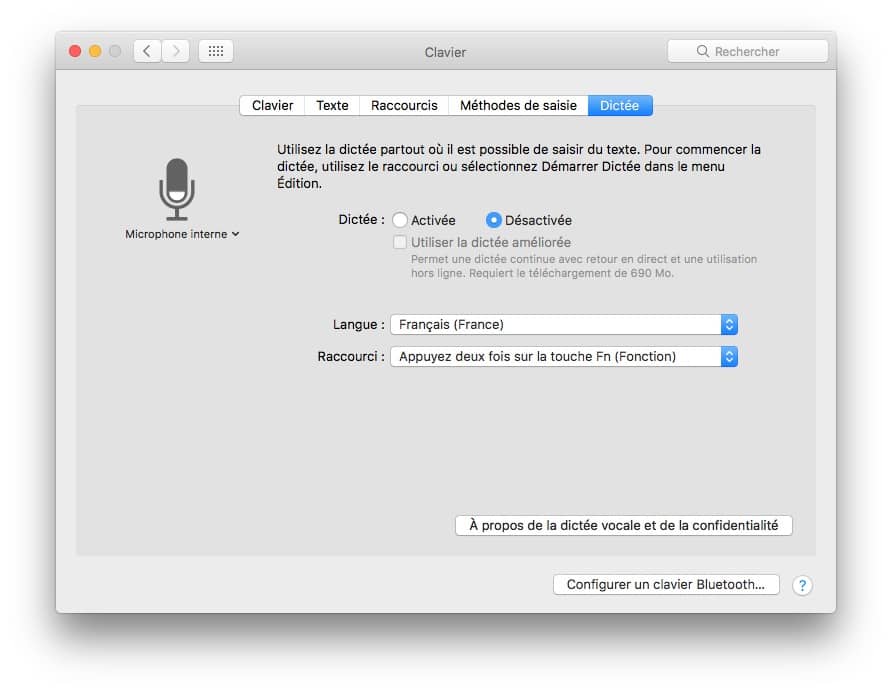 Activer la dictée vocale Mac OS Sierra mode basique