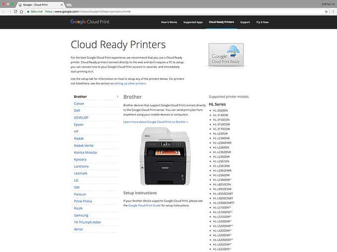 Google Cloud Print liste cloud ready printers