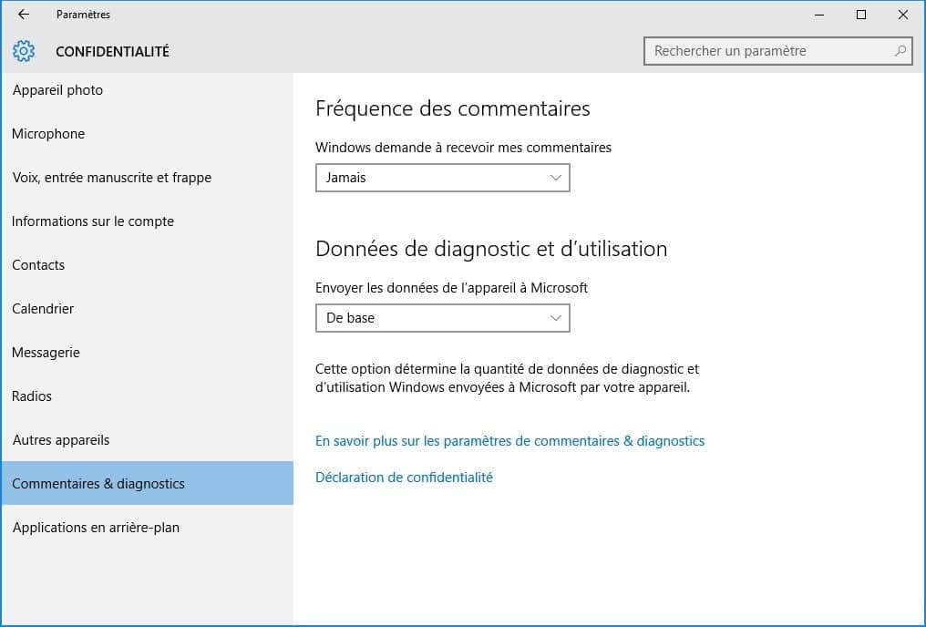 windows 10 vie privee commentaires et diagnostics